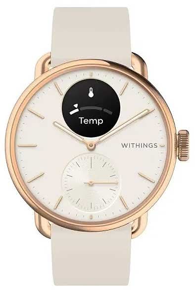 Damklocka Smartwatch: roséguldpläterat hölje, beige silikonband, svart temp-display.