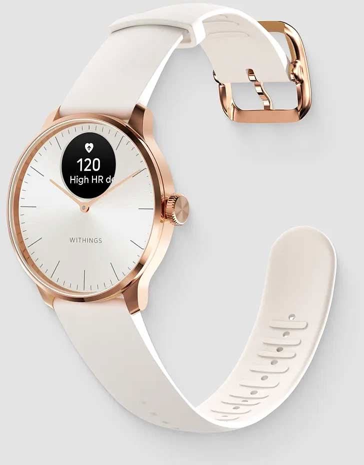 Smartklocka med roséguldpläterad infattning, beige armband och synlig armbandets undersida med markeringar.