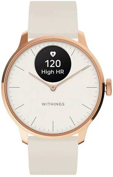 Smartklocka med beige silikonarmband och roséguldpläterad infattning, svart urtavla 'High HR'.