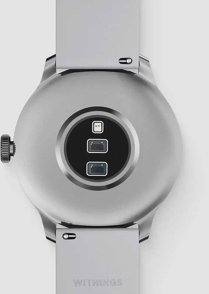 WITHINGS ScanWatch klockans undersida med cirkulärt sensorområde på grått hölje