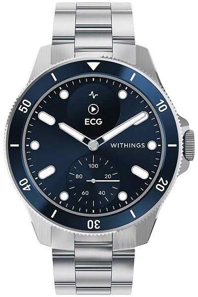 Withings Nova Smartwatch med armband i rostfritt stål, mörkblå urtavla och EKG-visning