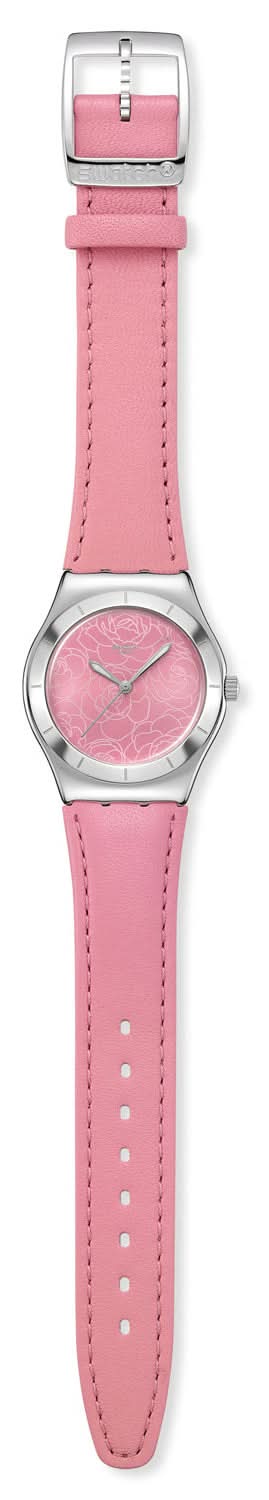 Swatch damklocka med rosa läderarmband och silverspänne; oval rosa urtavla.