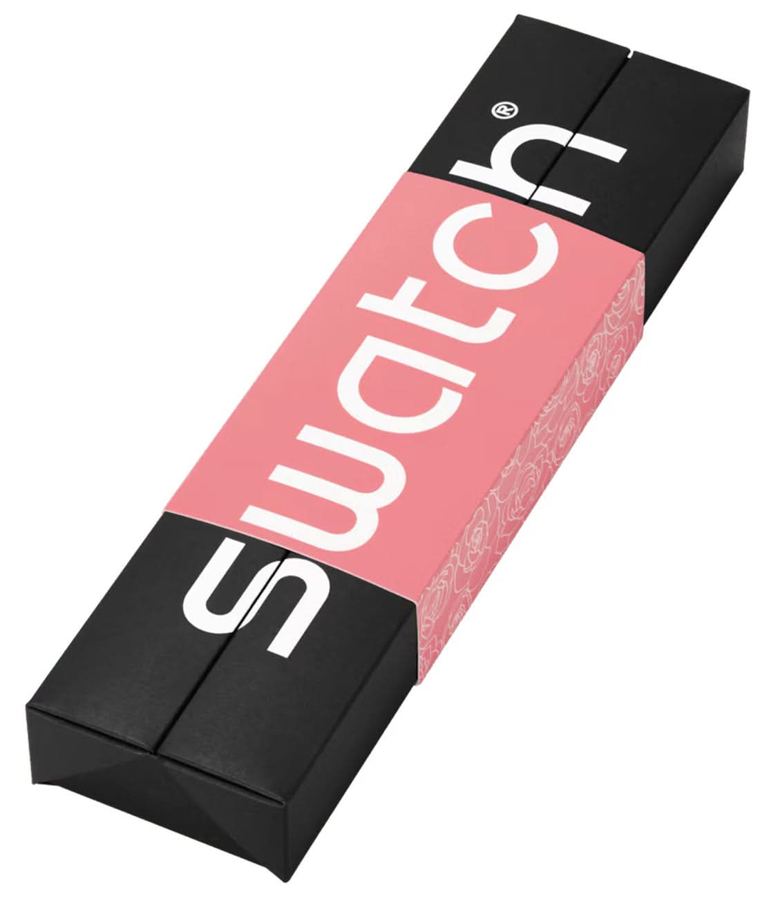 Swatch damklocka förpackning med rosa tryck och svart låda.
