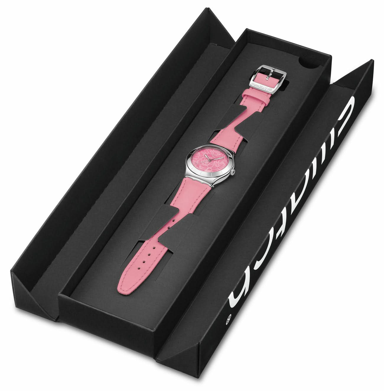 Swatch damklocka i öppen svart presentförpackning med rosa band.