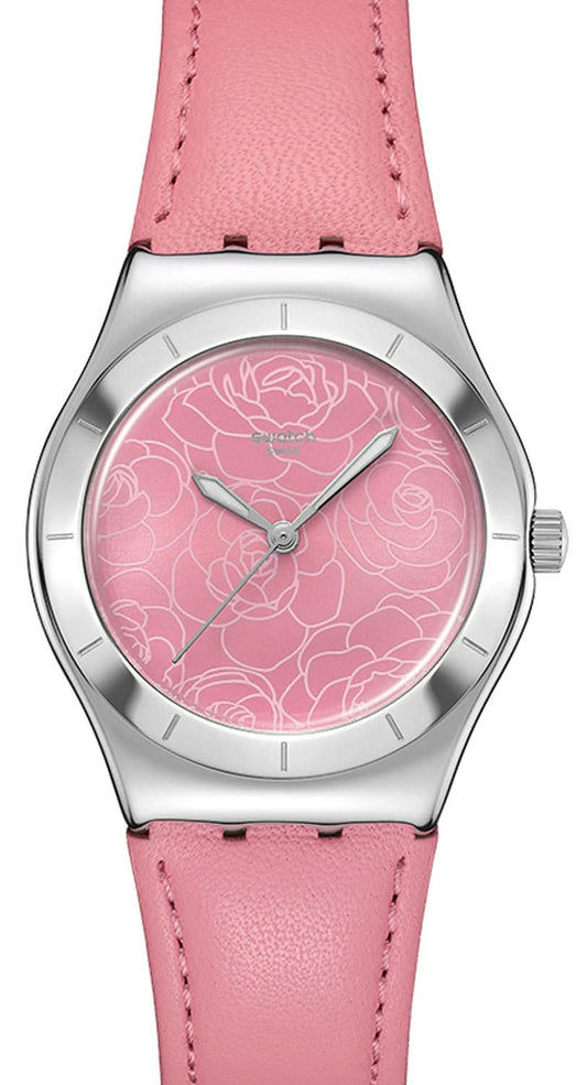 Swatch damklocka med silverfärgat hölje, rosa läderarmband och rosa blommig urtavla.