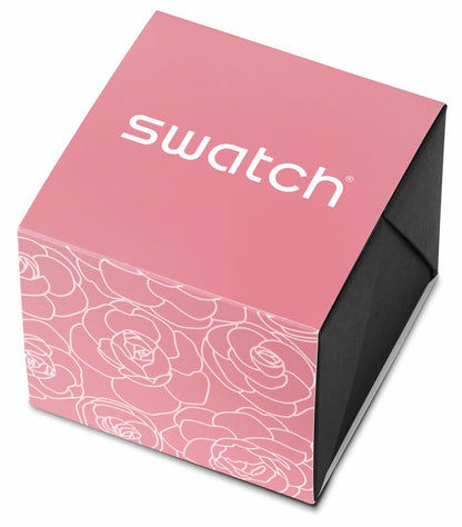 Swatch klocklåda med rosa lock och vit Swatch-logotyp