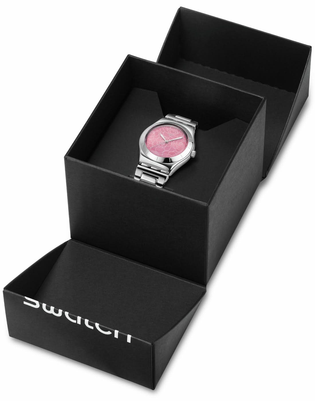 Damklocka i svart ask; Swatch-logotyp på den nedre asken