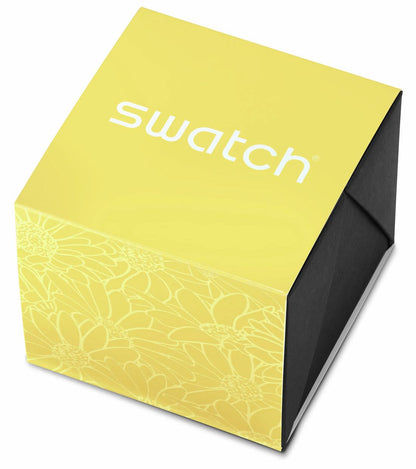 Swatch klocklåda i gult med blommiga linjer och Swatch-logotyp
