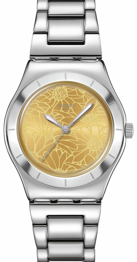 Damklocka i silver med gul urtavla och blommönster, armband i rostfritt stål