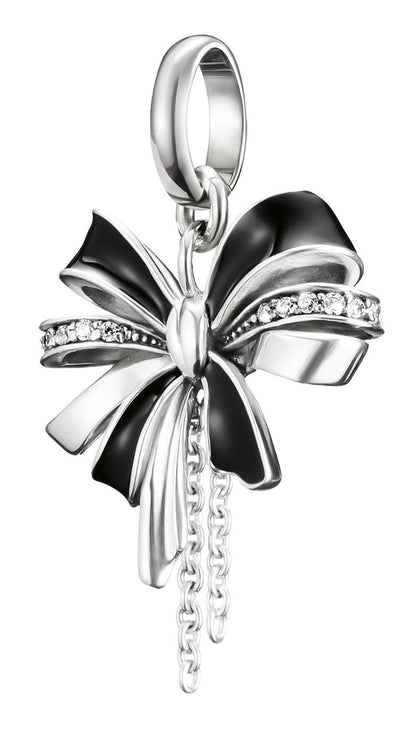 Charm med rosett, svart emalj, gnistrande stenar och kedjehänge i silverlook