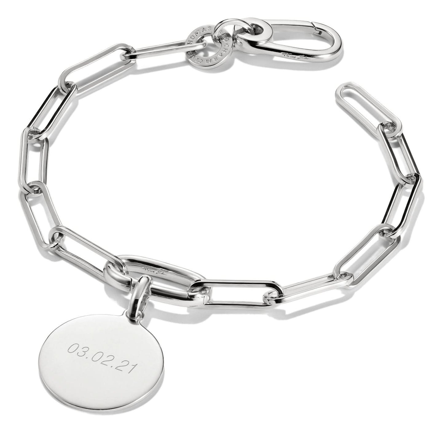 Armband i silver med pappersclips-länkar och rund berlock, karbinhake-lås