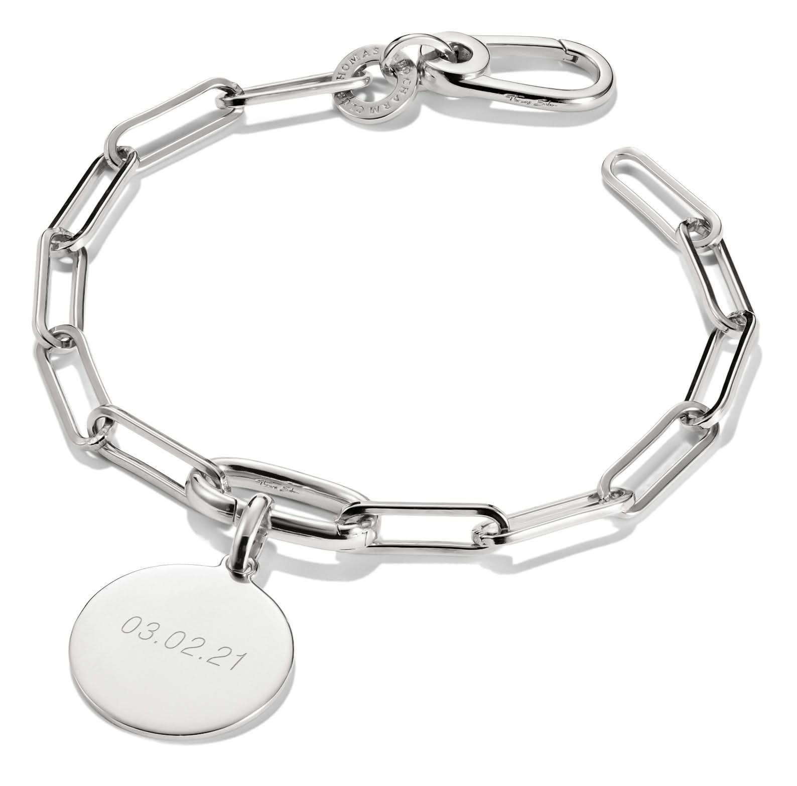 Armband i silver med pappersclips-länkar och rund berlock, karbinhake-lås