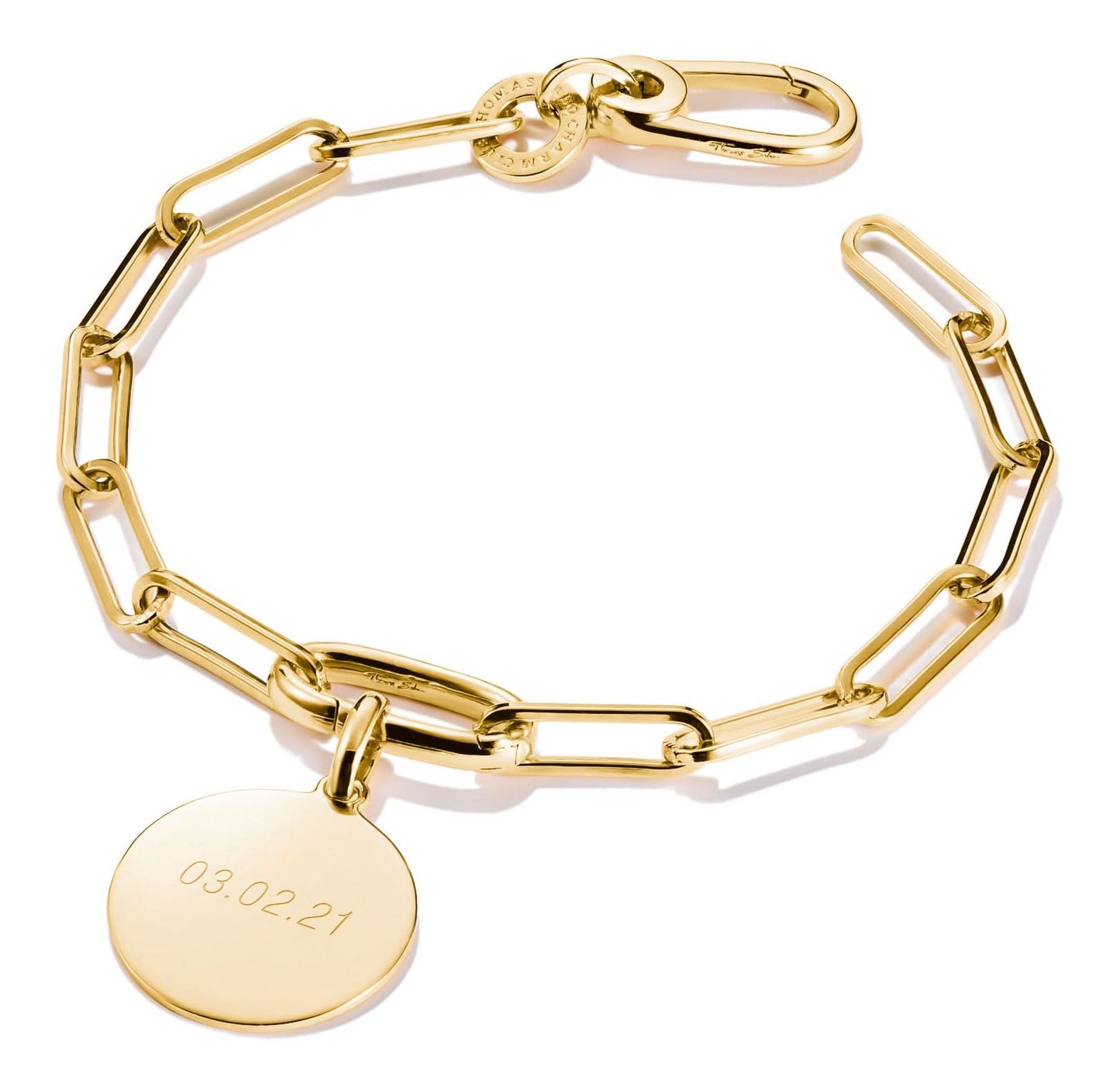 Guldpläterat berlockarmband med gemlänkar och rund datumbricka