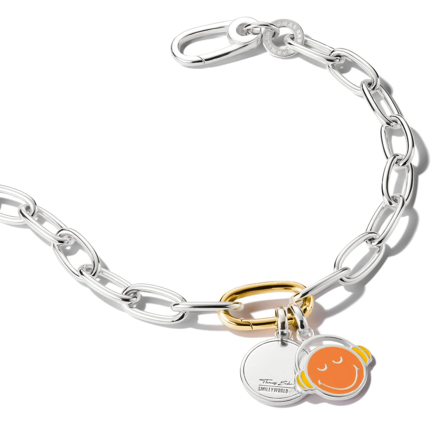 Silverfärgat kedjearmband med guldlås och smiley-hänge (orange/gult)