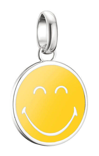 Silverfärgat runt hänge med gul smiley och ögla för infästning