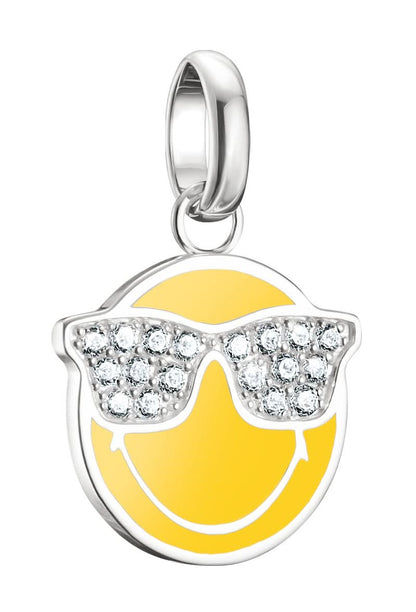 Silversmycke med solglasögonformad smiley, gul emalj och gnistrande zirkoner