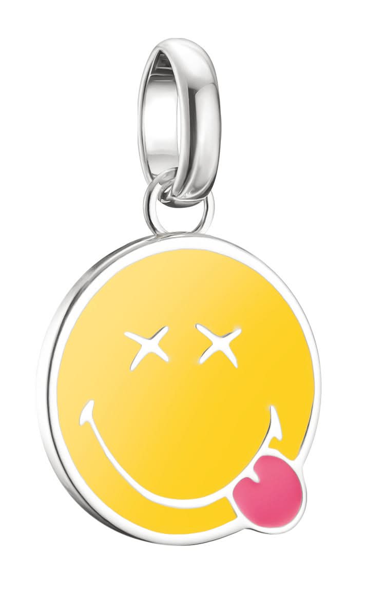 Berlock i silver: rund gul smiley med rosa kind