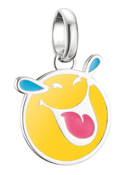 Silversmycke med charmhänge och ett leende smiley-ansikte, gult med blå hatt