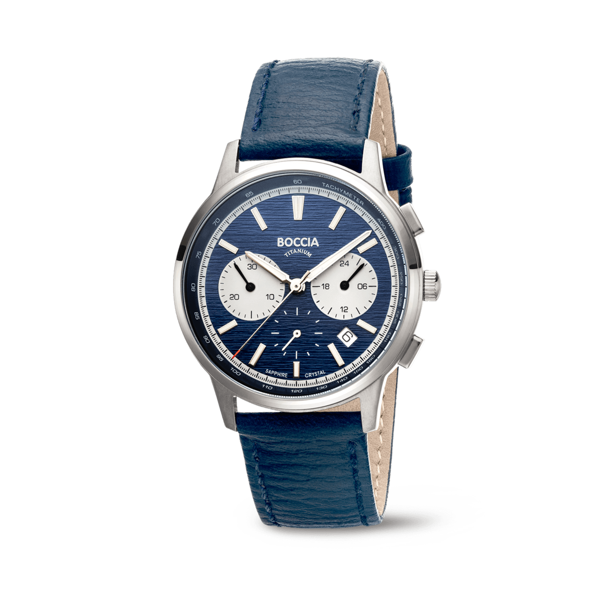Herrenarmbanduhr mit blauem Lederarmband, rundem Zifferblatt und Chronographen-Zählern