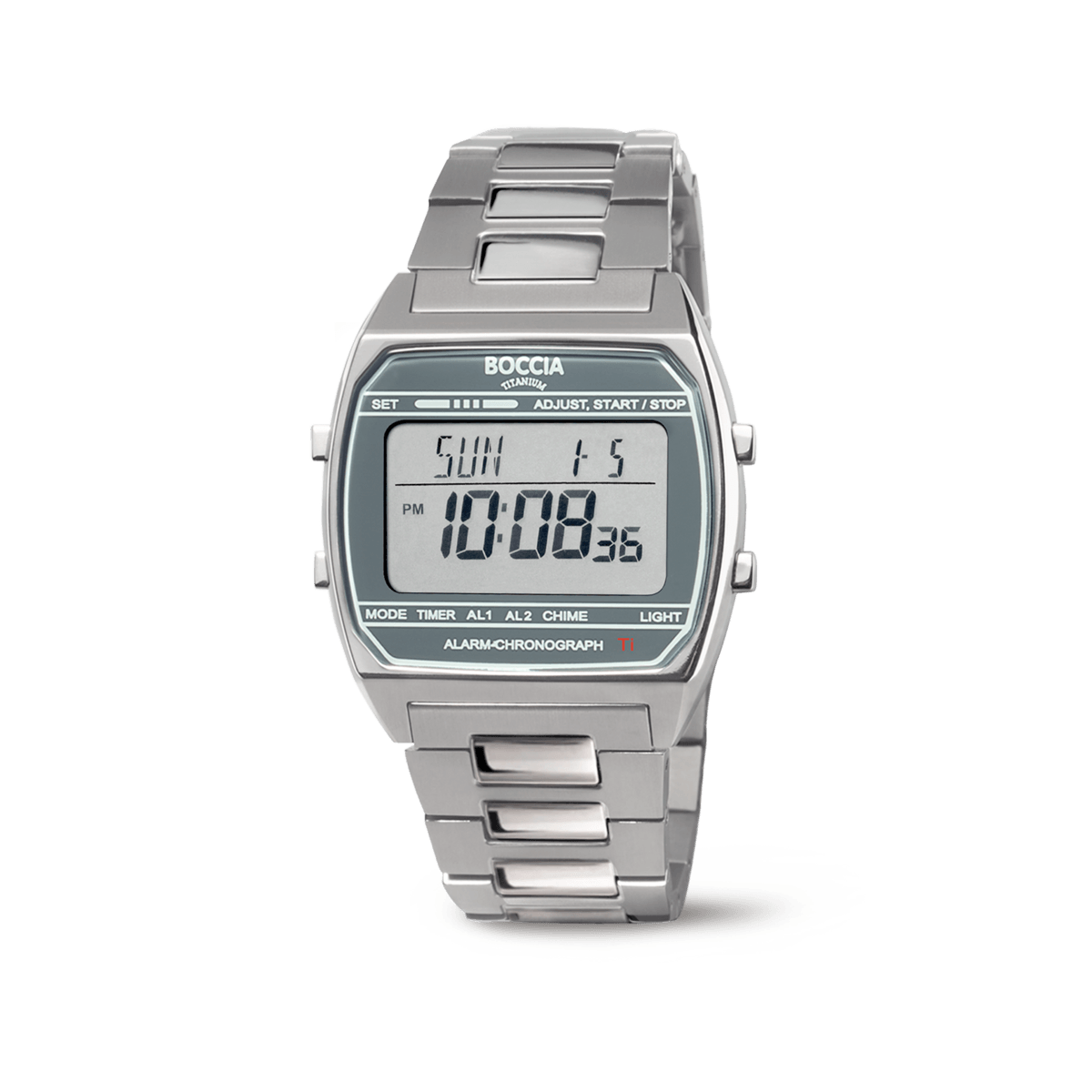 Herrenarmbanduhr mit silberfarbenem Metallarmband, Digitaldisplay und Chronograph
