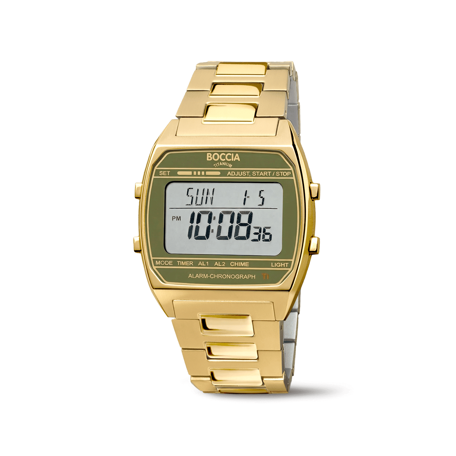Goldfarbene Armbanduhr mit Metallarmband, digitalem Display und Chronograph/Alarm in Frontansicht