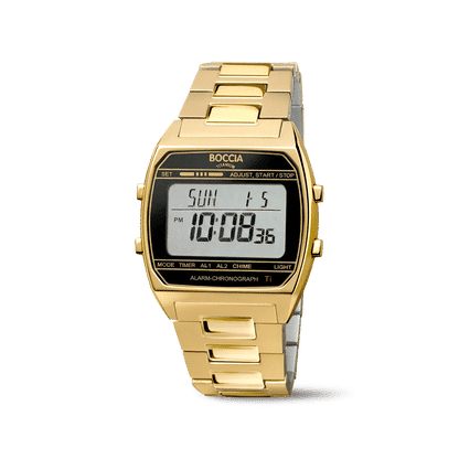 Titan-goldfarbene Armbanduhr mit Metallarmband, digitalem Display und Chronograph/Alarm