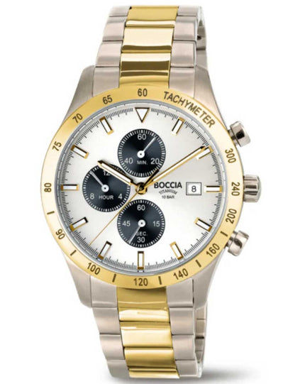 Herren-Armbanduhr: Titanarmband gold/silber, weißes Zifferblatt, Chronograph, Tachymeter