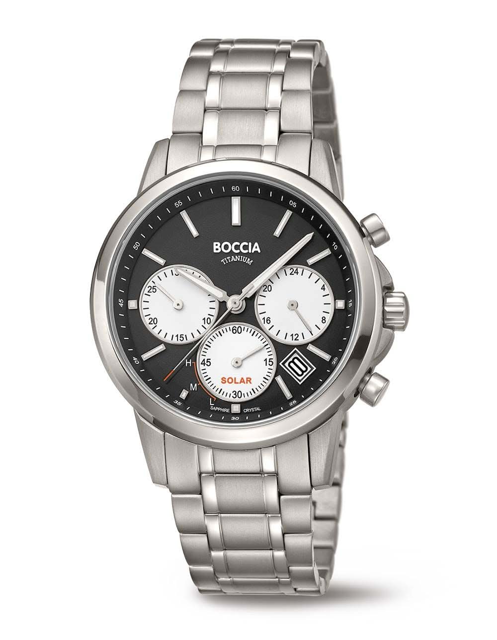 Boccia herrklocka med metallarmband, svart urtavla och kronograf-suburtavlor
