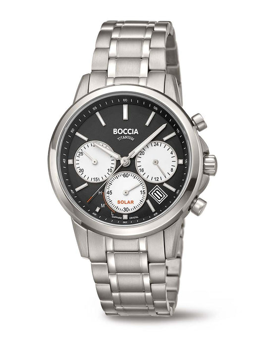 Boccia herrklocka med metallarmband, svart urtavla och kronograf-suburtavlor