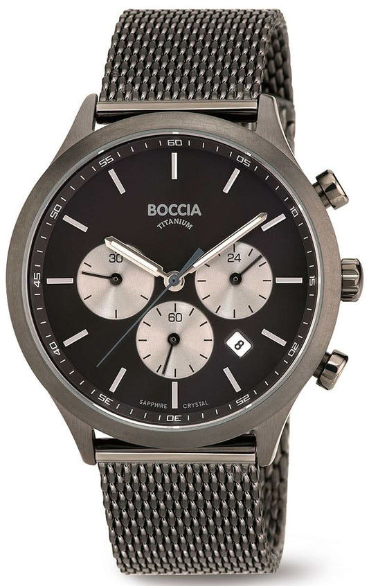Boccia herrarmbandsur med svart urtavla, kronograf, mesh-armband och rent titanfodral