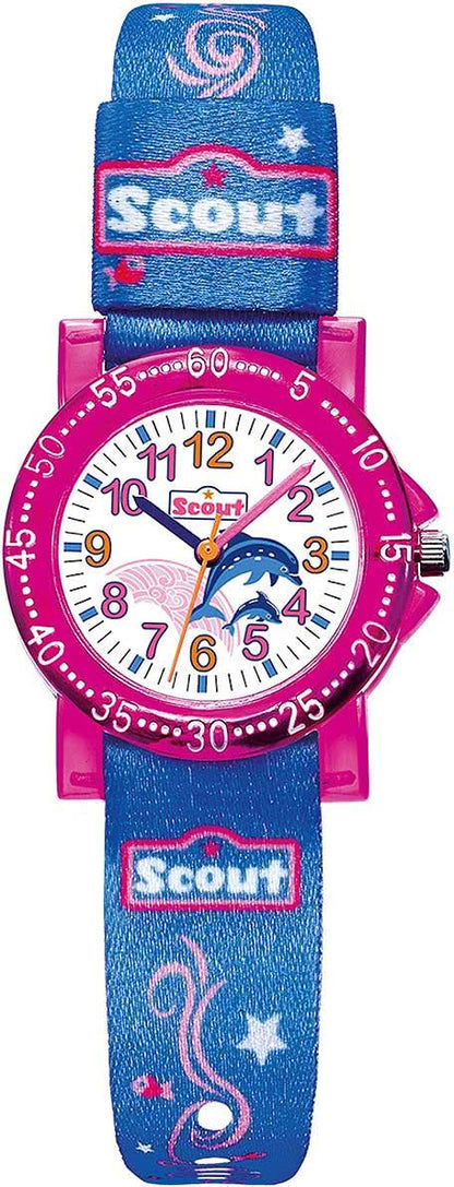 Flickur med blå delfinarmband och rosa urtavla från Scout
