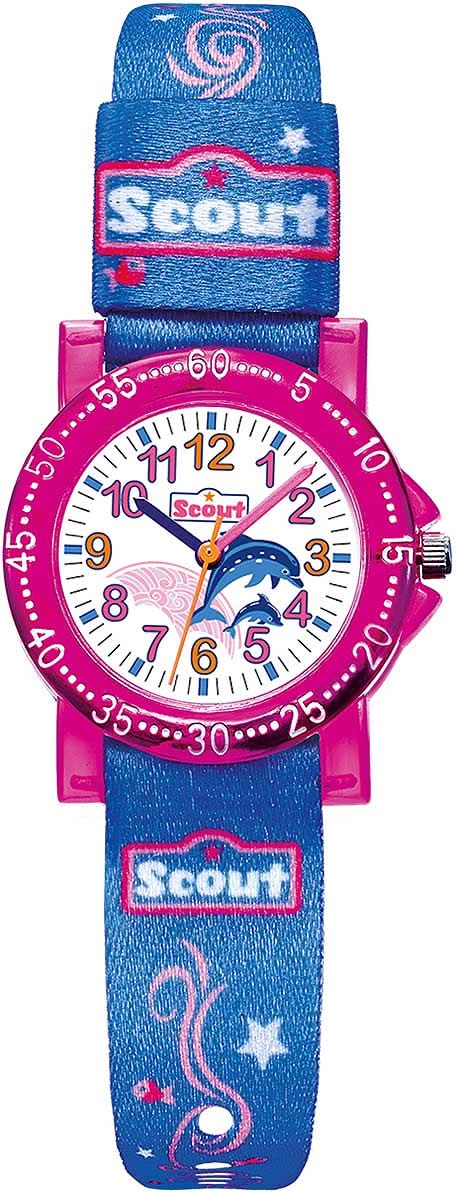 Flickur med blå delfinarmband och rosa urtavla från Scout