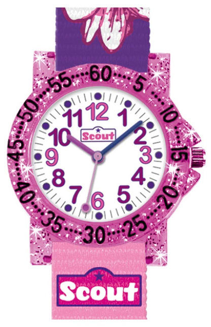 Flickors lärorika klocka med lila urtavla, rosa armband, Scout-logotyp