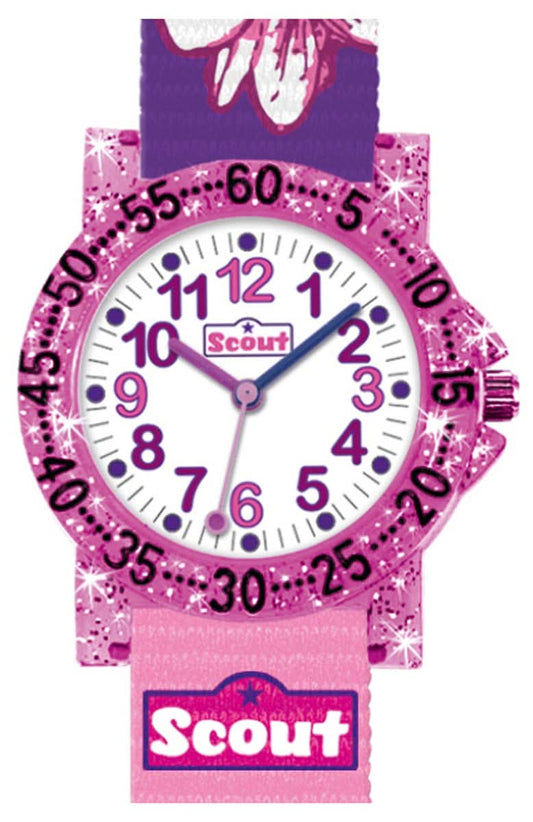Flickors lärorika klocka med lila urtavla, rosa armband, Scout-logotyp
