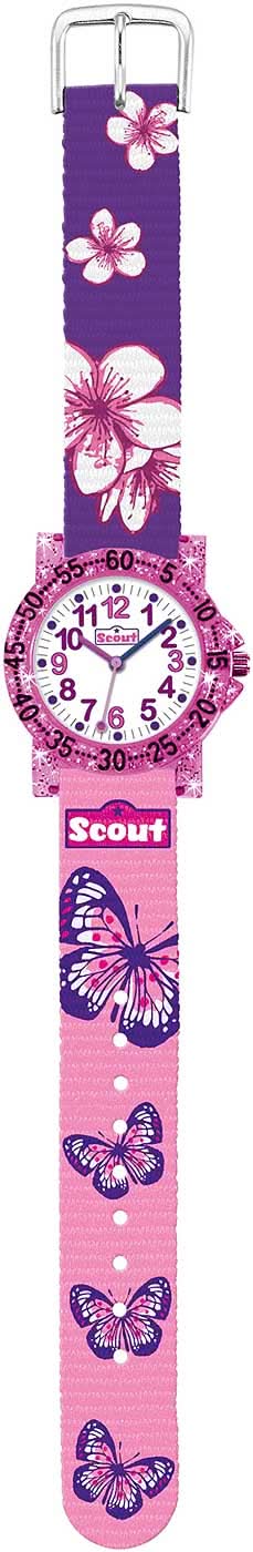 Flickors lärorik klocka med rosa armband och fjärilar, rund urtavla, Scout