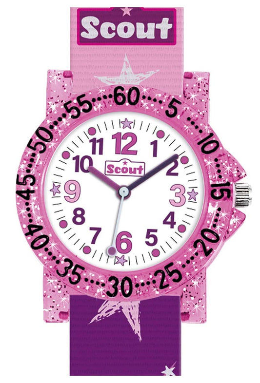 Scout flickur med rosa urtavla, stjärnor, armband i plast och siffror