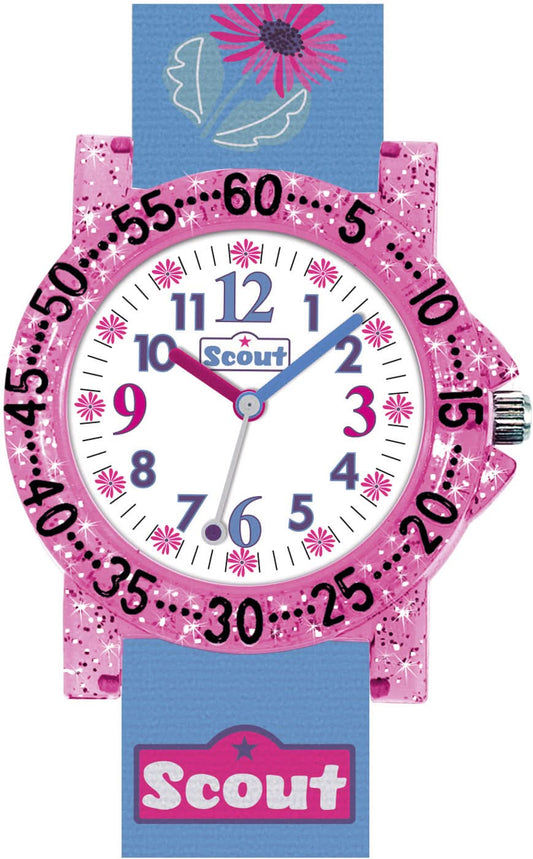 Flickors lärorik klocka med rosa-blått armband, motiv av häst och blommor, siffror, Scout-logotyp