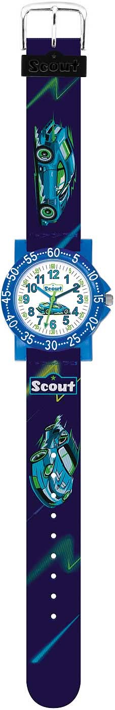 Barnklocka med blått textilarmband med grönt motiv, analog urtavla och spänne