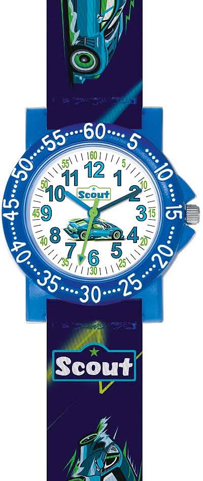 Barnklocka med blått textilband, analog urtavla och Scout-logotyp, ljusgrönt motiv