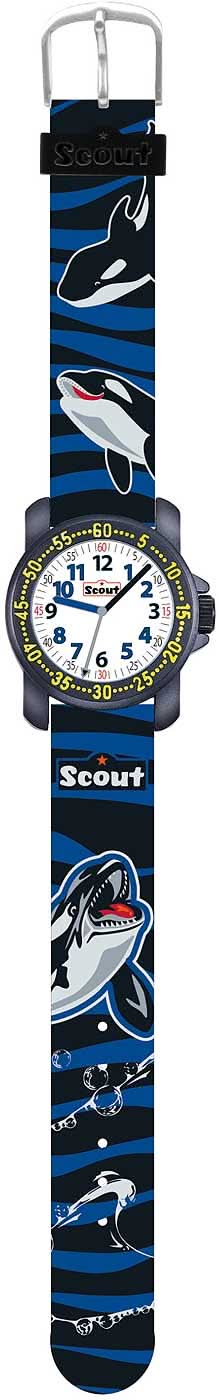Lärklocka för pojkar, vy med blått armband med späckhuggare och spänne, urtavla nedtill med Scout
