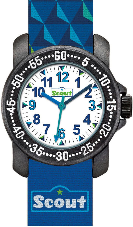 Barnklocka med rund urtavla, svart kant och blått textilband, Scout-logotyp.