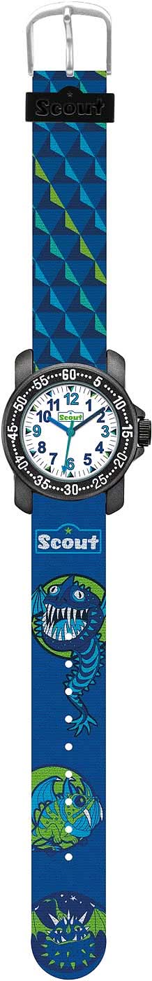Klocka med blått geometriskt textilband och rund urtavla, Scout-tryck.