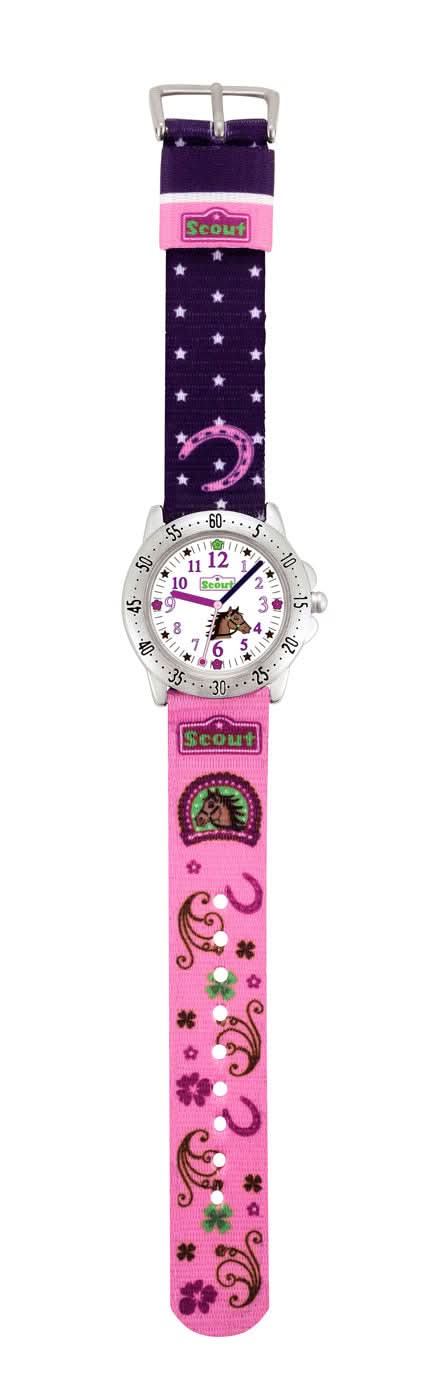 Klocka för flickor med silverfärgad urtavla och transparent boett, rosa armband med stjärnor