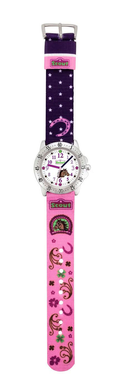 Klocka för flickor med silverfärgad urtavla och transparent boett, rosa armband med stjärnor