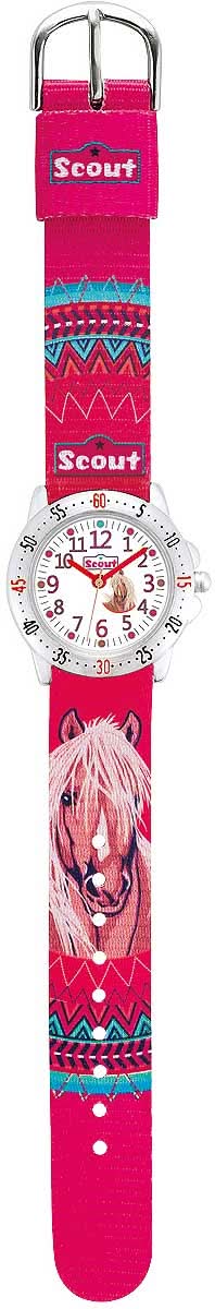 Flickors lärorika klocka med rosa armband, rund vit urtavla och hästmotiv