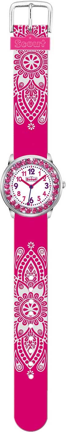 Flickur med rosa armband med vitt mönster, rund urtavla med glitterram