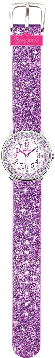 Flickarmbandsur med lila glitterarmband, rund urtavla och Scout-spänne