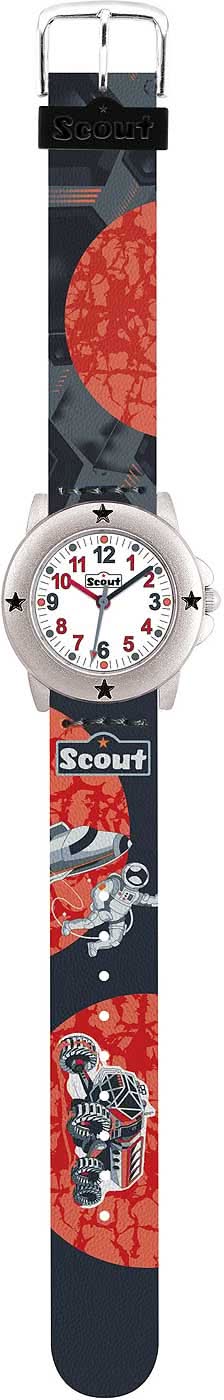 Barns lärorik klocka med rund urtavla och stjärnor, mörkblått armband med Scout-text