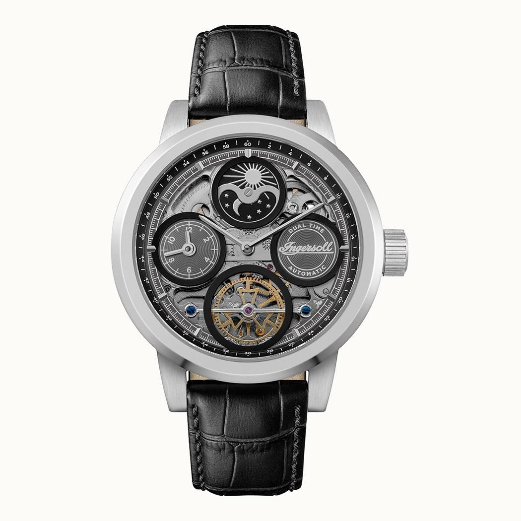 Herren-Armbanduhr Ingersoll mit schwarzem Lederarmband und Skelettzifferblatt
