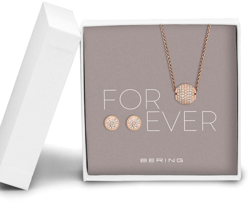 Smyckesset Bering Jewelry med roséguldig halsband, hänge och örhängen, runt